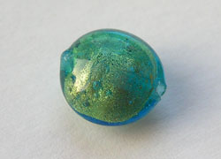  venetian murano vivid aqua glass over 24k gold foil 11mm x 8mm puffed lentil bead *** QUANTITY IN STOCK =1 *** 