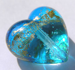  venetian murano aquamarine glass over 24k gold foil 19mm x 18mm x 12mm heart bead *** QUANTITY IN STOCK =6 *** 