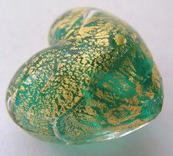  venetian murano sea foam green glass over 24k gold foil 19mm x 18mm x 12mm heart bead *** QUANTITY IN STOCK =5 *** 