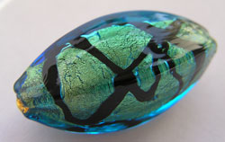  venetian murano aqua glass with black veins over 24k gold foil 30mm x 12mm x 12mm squared edge oval bead *** QUANTITY IN STOCK =1 *** 