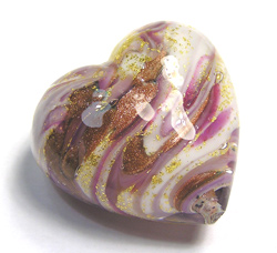 venetian murano moretti glass in mauve & white with copper aventurina 37mm x 35mm x 20mm heart bead *** QUANTITY IN STOCK = 4 *** 