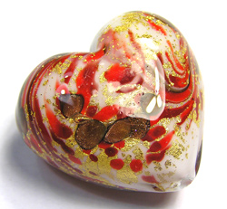  venetian murano moretti glass in red & white with copper aventurina 37mm x 35mm x 20mm heart bead *** QUANTITY IN STOCK = 16 *** 