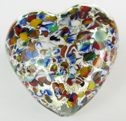  venetian murano clear over multi coloured speckles of glass and sterling silver foil 35mm heart bead *** QUANTITY IN STOCK =2 *** 