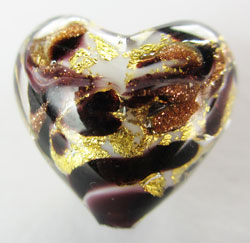  venetian murano marbled chocolate and ivory glass with 24k gold and aventurina 13mm heart bead *** QUANTITY IN STOCK = 7 *** 