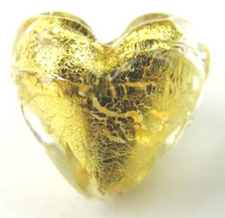  venetian murano clear glass over 24k gold foil 8mm x 8mm x 6mm heart bead *** QUANTITY IN STOCK =25 *** 