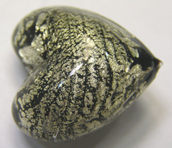  venetian murano jet black glass over white gold foil 19mm x 18mm x 12mm heart bead *** QUANTITY IN STOCK =8 *** 