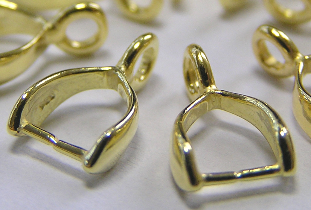  vermeil stirrup bail, pinch closed around pendant bead etc,  height 10mm, width 6.2mm, internal width 4.65mm, internal height 4.5mm, closed ring at top internal diameter 1.4mm [vermeil is gold plated sterling silver] 