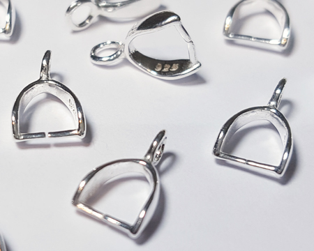  sterling silver stirrup bail - stamped 925 - height 10mm, width 6.2mm, internal width 4.65mm, internal height 4.5mm, diameter of round wire central spike 0.63mm, closed top ring internal diameter 1.4mm 
