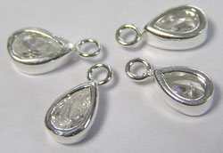  ** NEW LOWER PRICE ** sterling silver, stamped 925, 10.5mm x 5mm clear cubic zirconia drop / charm, very nicely made and sparkly too, has closed jumpring at top with internal diameter of 1.5mm,  