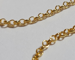  sold per cm : vermeil 1mm round link rolo chain, 2.6 grams per meter, accepts 22 gauge (0.6mm) or thinner jump rings [vermeil is gold plated sterling silver] 