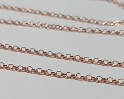  ROSE VERMEIL 1mm round link rolo chain, 2.6 grams per meter, accepts 22 gauge (0.6mm) or thinner jump rings [vermeil is gold plated sterling silver] sold per cm - 5 units is 5cm, 100 units is 100cm=1 meter 