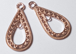  ROSE VERMEIL 25mm x 12.5mm worked drop, very nicely made, with 1.5mm internal diameter hole at top and second 1.5mm loop within the drop for adding a small dangle [vermeil is gold plated sterling silver] 