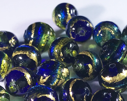  venetian murano bicolour fused peridot and cobalt glass with 24k banded gold foil 6mm round bead *** QUANTITY IN STOCK =25 *** 