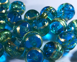  venetian murano aquamarine glass with 24k banded gold foil 6mm round bead *** QUANTITY IN STOCK =45 *** 