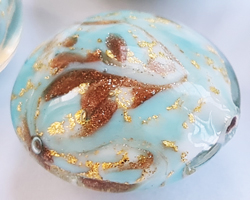  venetian murano marbled turquoise and ivory glass with 24k gold and aventurina 15mm disc bead *** QUANTITY IN STOCK = 17*** 
