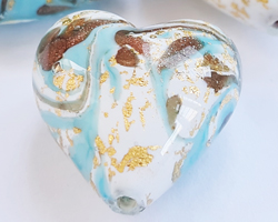  venetian murano marbled turquoise and ivory glass with 24k gold and aventurina 22mm heart bead *** QUANTITY IN STOCK = 22 *** 