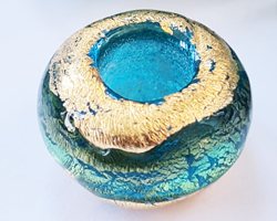  *LARGE CORE* venetian murano aqua and grey glass with partially exposed 24k gold foil 16mm x 10mm rondel bead *** QUANTITY IN STOCK =20 *** 