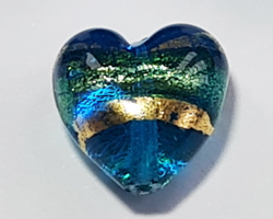  venetian murano aquamarine glass over 24k gold foil 13mm x 13mm x 9mm banded heart bead  *** QUANTITY IN STOCK =18 *** 