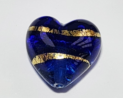  venetian murano cobalt blue glass over 24k gold foil 13mm x 13mm x 9mm banded heart bead  *** QUANTITY IN STOCK =18 *** 