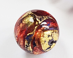 --CLEARANCE-- venetian murano sapphire blue glass with swirls of red over 24k gold foil 14mm round bead *** QUANTITY IN STOCK =41 ***