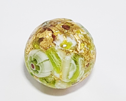  venetian murano opaque green glass with exposed gold foil and green flower14mm basilica round bead *** QUANTITY IN STOCK = 28  *** 