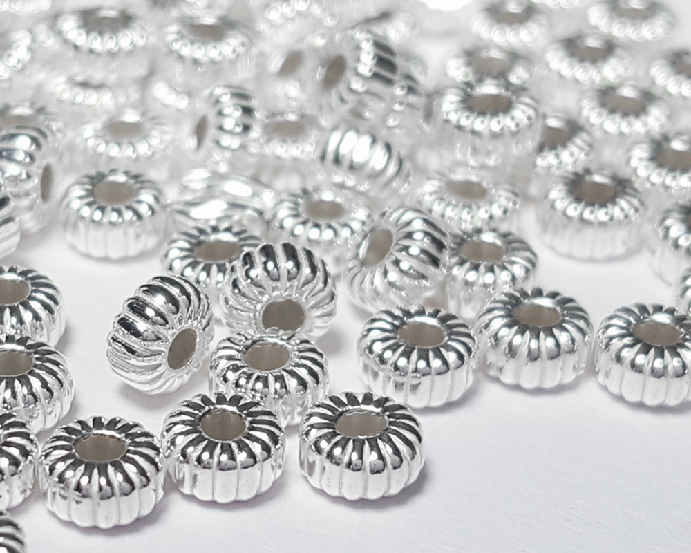  <9g/100> sterling silver 4mm x 2mm corrugated rondelle bead 