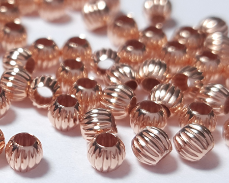  <4.65g/100> ROSE VERMEIL 3mm corrugated round bead, 1.5mm hole, 1 micron plating for increased durability, AT treated [vermeil is gold plated sterling silver] 