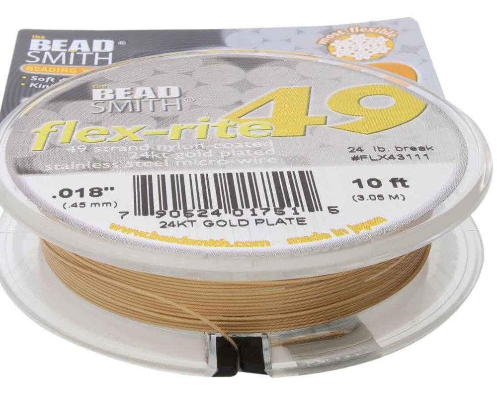 3.05 meter (10 feet) reel - flex-rite - 49 strand *24k gold plated* nylon coated stainless steel stringing/beading wire, 0.45mm total outside diameter