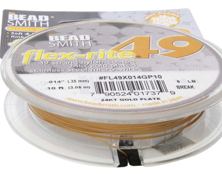 3.05 meter (10 feet) reel - flex-rite - 49 strand *24k gold plated* nylon coated stainless steel stringing/beading wire, 0.35mm total outside diameter